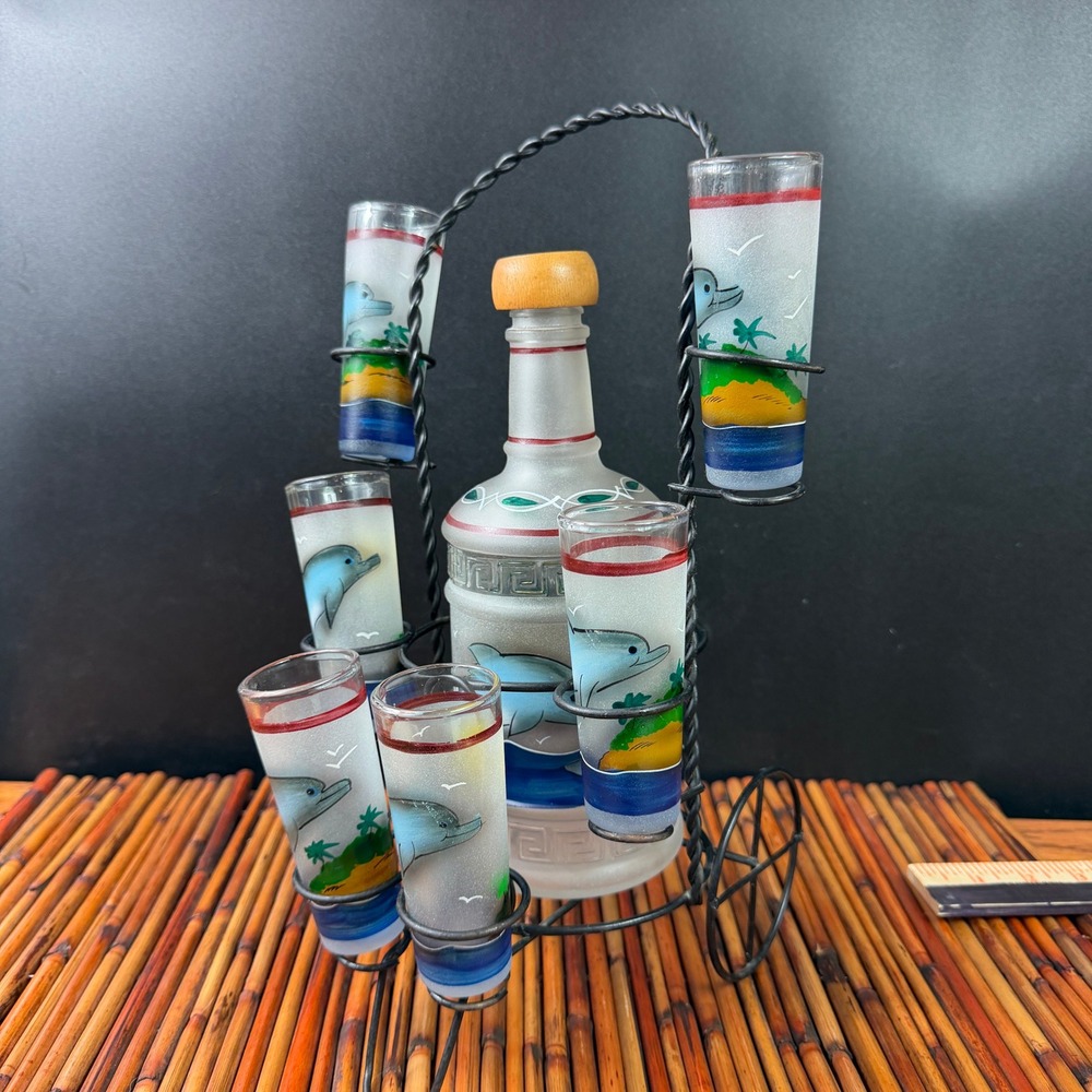 Dolphin Hand painted Decanter Set Rack w 6 shot glasses Island Tequila Tiki Set